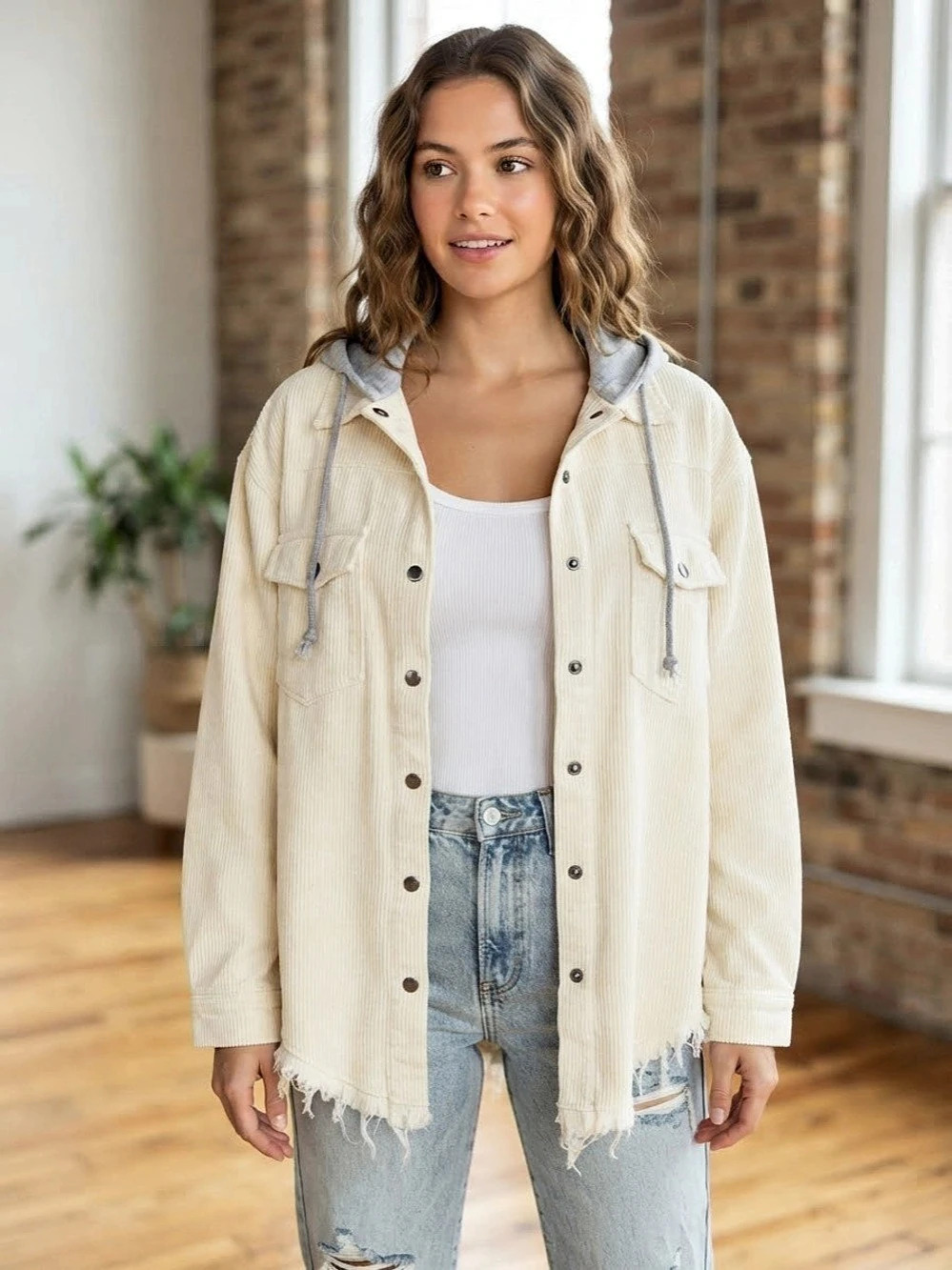 Oli & Hali Oversized Cream Corduroy Shacket Distressed Raw Hem Hoodie Sz S
